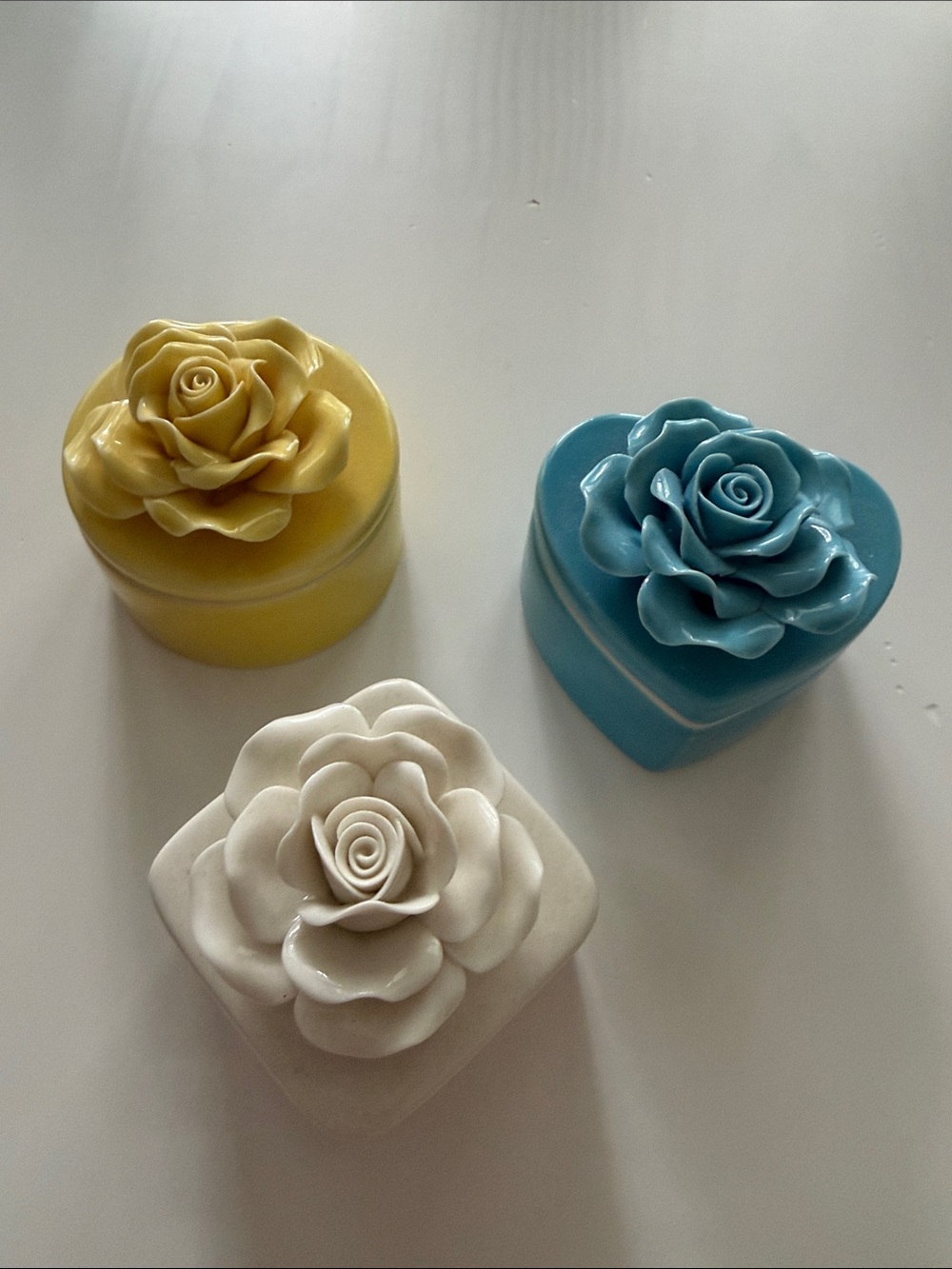 3 Ceramic Rose Trinket Boxes - White, Yellow, Blue